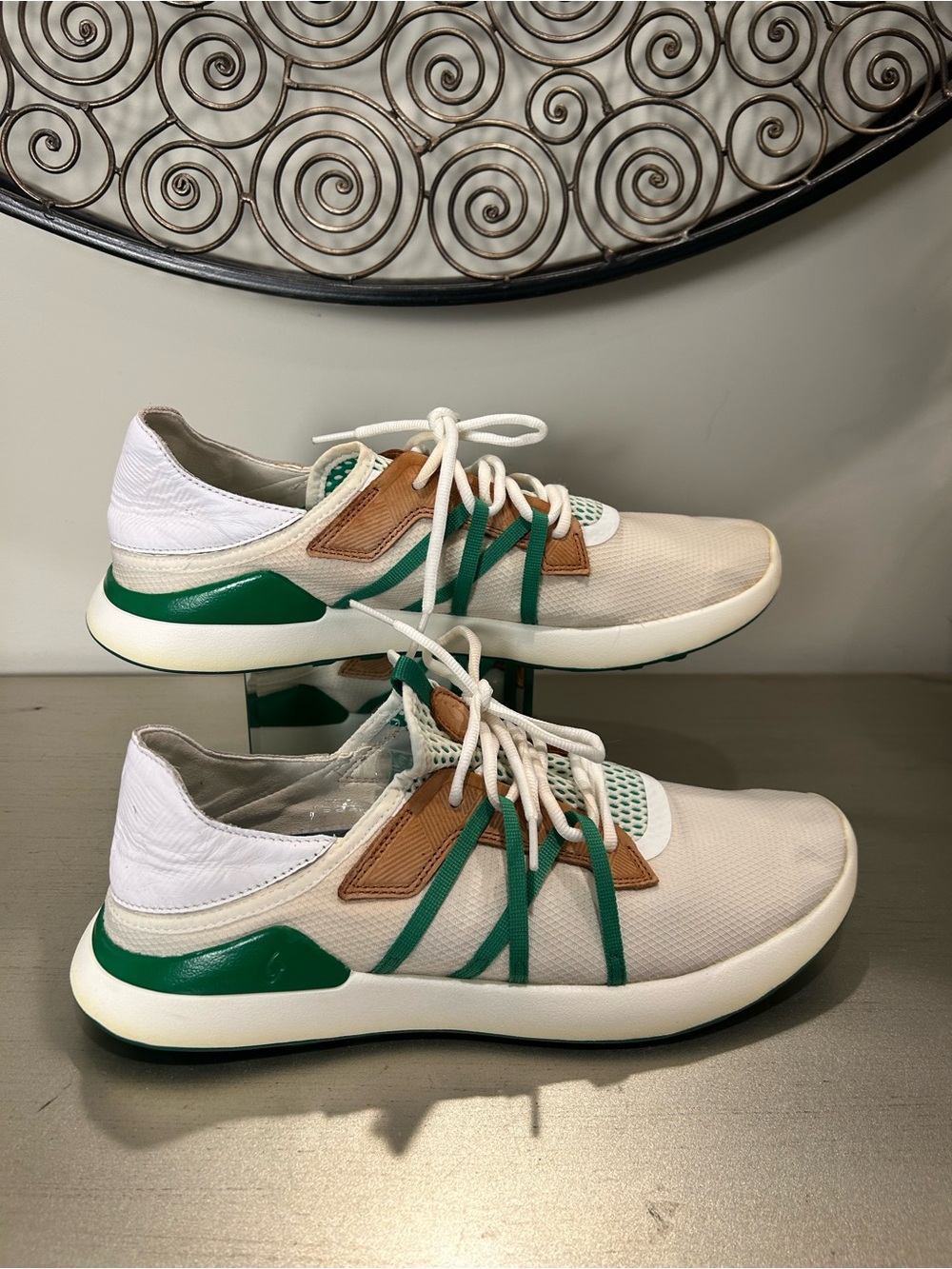 OluKai White Sneakers with Green and Brown Accents